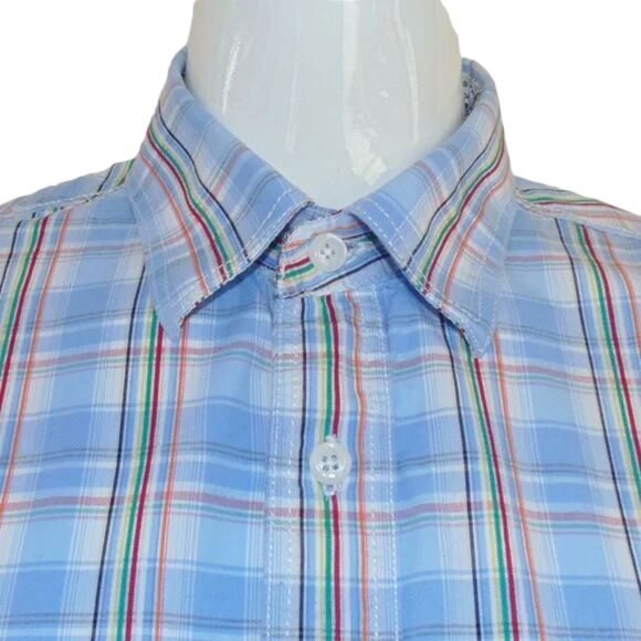 JAMES CAMPBELL Shirt, M, Blue Plaid, Short sleeves, Button down, Cotton - Picture 4 of 12